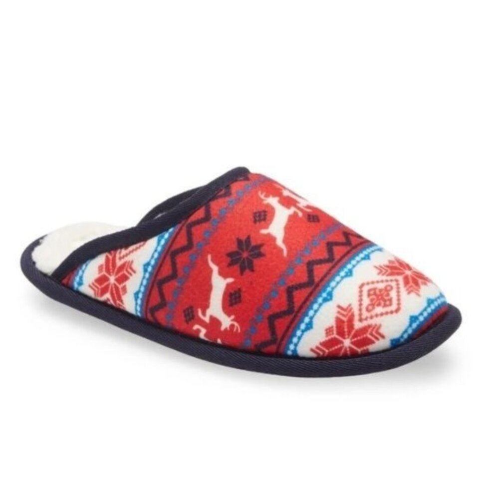 Nordstrom Rack Fair Isle Deer Fleece Slippers in Red White Blue Black